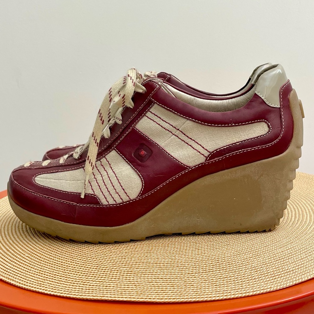 Rare. Tsubo wedge sneakers, red leather & tan canvas. Excellent condition.